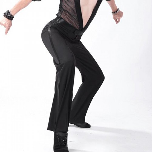 Men's black latin ballroom dance pants side with ribbon tango waltz exercises competition performance dance trousers
